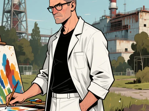Chernobyl Engineer Painting Outdoors in Comic Style