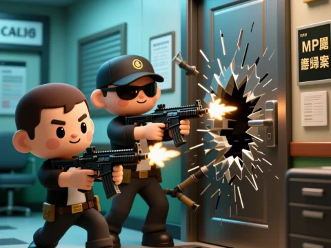 Chibi Agents Breaching Door with Guns in Office