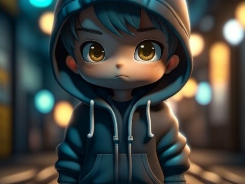 Chibi Boy in Hoodie on Neon-Lit Street