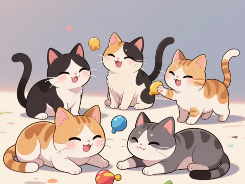 Chibi Cats Playing Joyfully with Colorful Toys