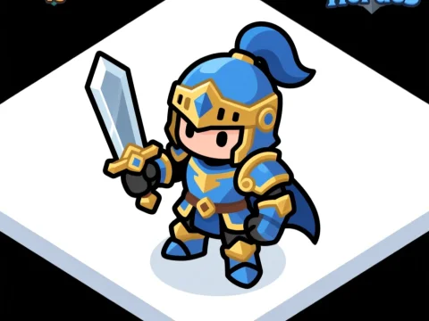 Chibi Fantasy Knight in Blue Armor with Sword