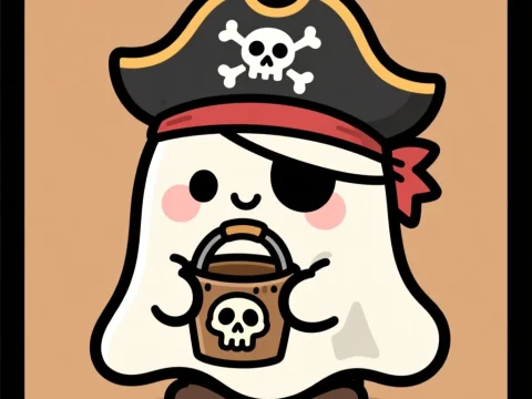 Chibi Ghost Pirate Holding a Skull Bucket