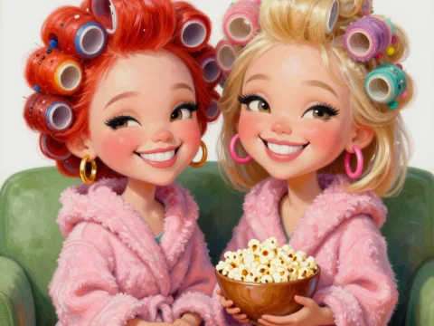Chibi Girls with Hair Rollers Sharing Popcorn