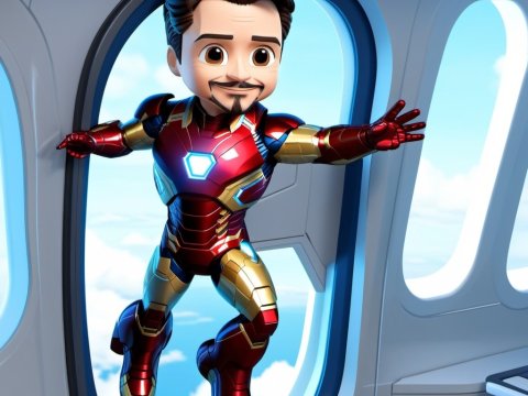 Chibi Iron Man Floating Near Airplane Window
