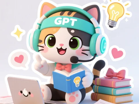 Chibi Kitten AI Assistant Studying with Laptop and Books