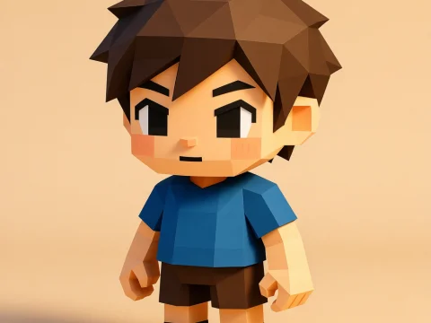 Chibi Lowpoly 3D Character with Blue Shirt