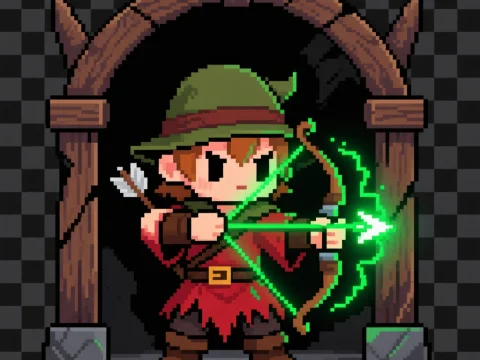 Chibi Pixel Archer with Glowing Green Bow