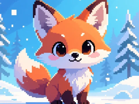 Chibi Pixel Art Fox in Snowy Winter Scene