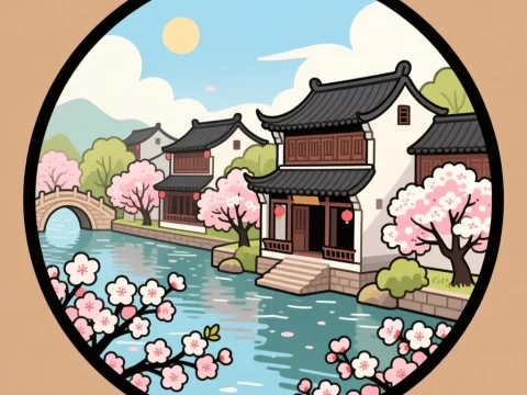 Chibi Style Chinese Riverside Village with Cherry Blossoms