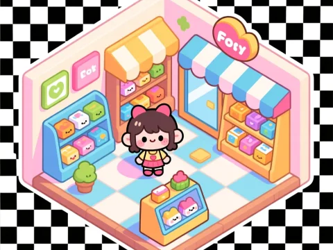 Chibi Style Cute Store Interior with Colorful Shelves