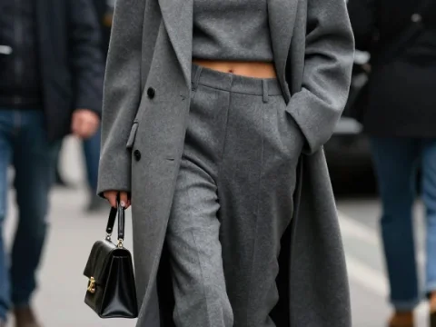 Chic Blonde Model in Monochrome Gray Winter Outfit