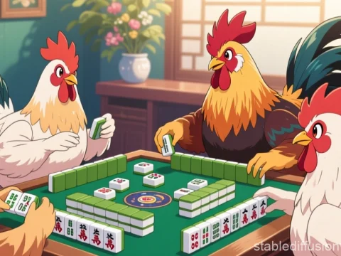 Chickens Playing Mahjong in Cozy Room