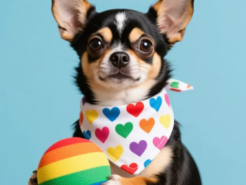 Chihuahua Wearing Heart Bandana Holding Rainbow Ball
