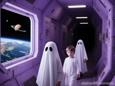Child and Ghosts in Purple Space Corridor