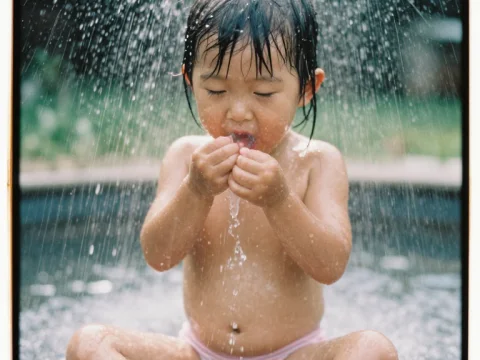 Child Enjoying Water Shower Outdoors