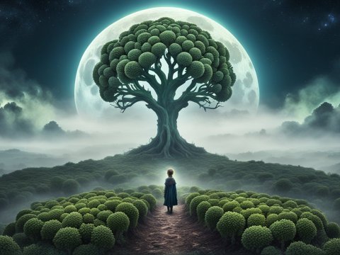 Child Facing Enchanted Tree Under a Giant Moon