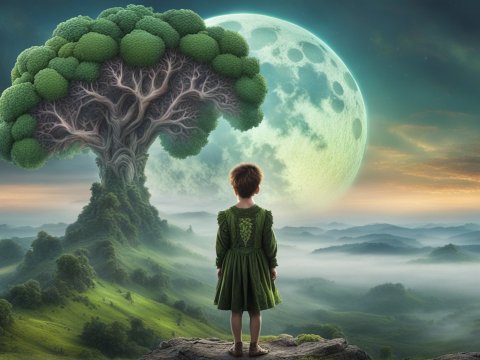Child Gazing at Enormous Tree and Moon in Mystical Landscape