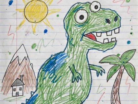 Childlike Dinosaur Drawing with Nature Elements