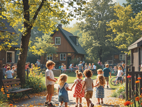 Children Playing in a Sunny Autumn Village