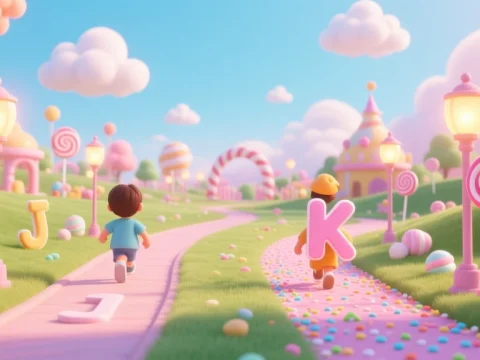 Children Running in a Magical Candy Park