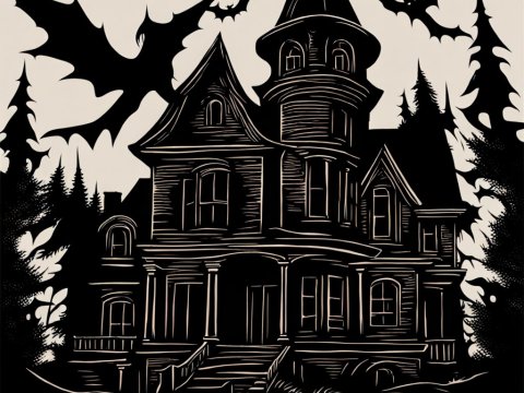 Chilling Haunted House with Flying Bats Silhouette