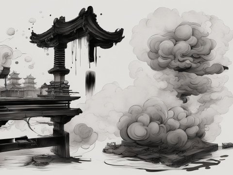 Chinese Ink Stick Inspired Digital Art with Traditional Architecture