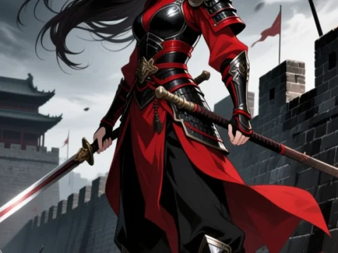 Chinese Wuxia Anime Warrior in Red and Black Armor