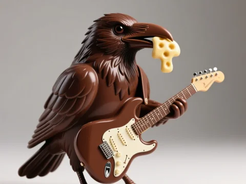 Chocolate Crow Playing Electric Guitar with Cheese