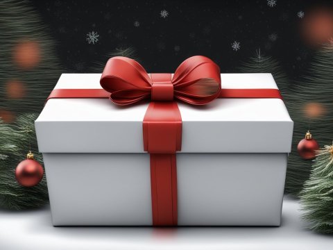 Christmas Gift Box with Red Bow and Festive Decorations