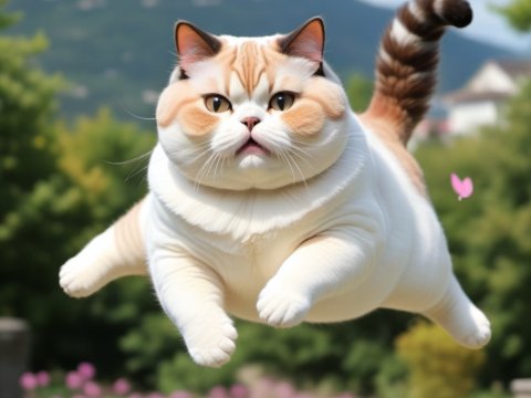 Chubby Cat Leaping Outdoors in Nature