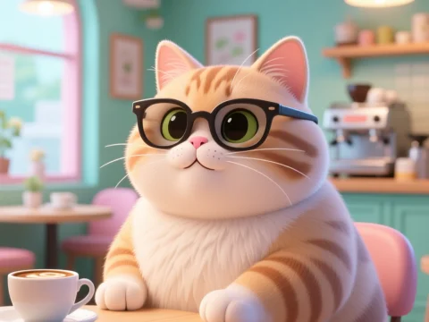 Chubby Cat Wearing Glasses in Cozy Cafe