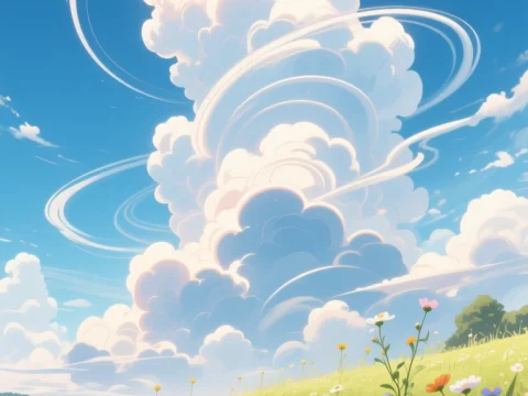 Cinematic Anime Meadow with Towering Clouds