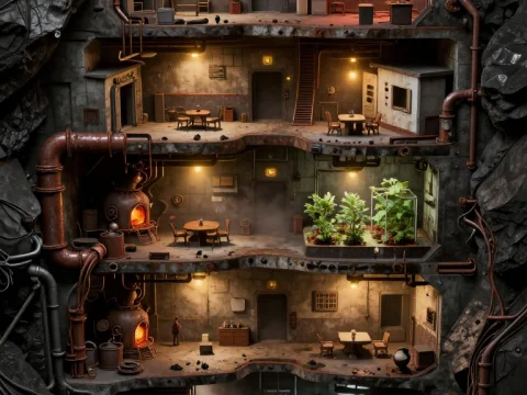 Cinematic Cross Section of an Underground Industrial Shelter