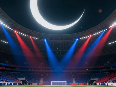 Cinematic Football Stadium with Dramatic Crescent Moon