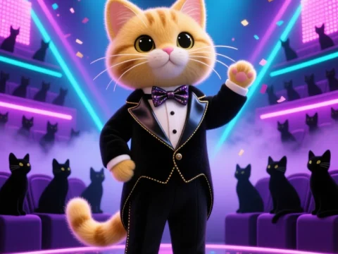 Cinematic Kitten in Tuxedo on Neon Stage