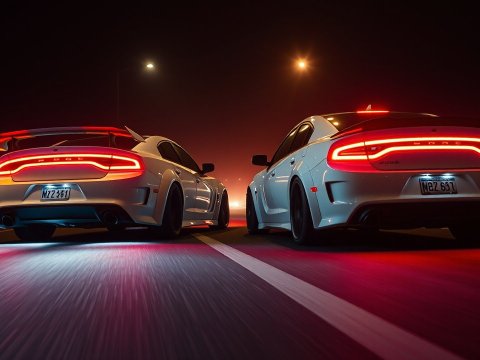 Cinematic Night Race with Two White Dodge Chargers