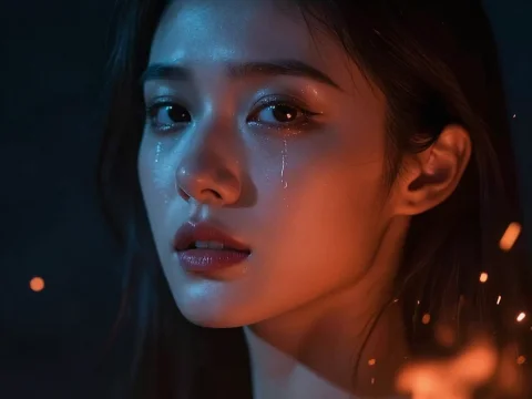 Cinematic Portrait of a Woman with Tears and Firelight