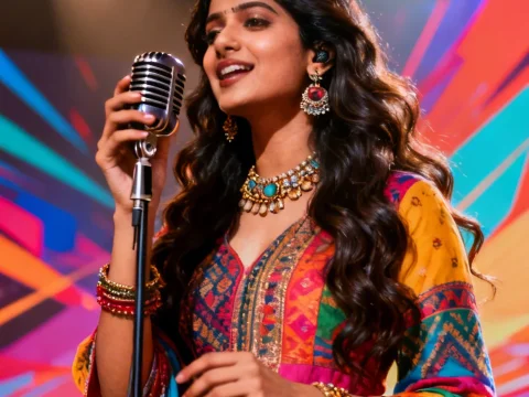 Cinematic Portrait of Indian Singer in Vibrant Traditional Attire