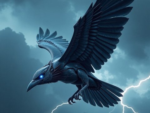 Cinematic Robotic Crow Soaring Amid Lightning Storm