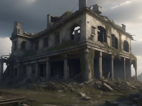 Cinematic Ruined House in Overgrown Landscape