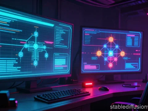 Cinematic Sci-Fi Control Room with Futuristic Holographic Displays