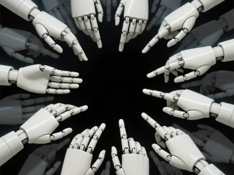 Circle of Robotic Hands Pointing Inward