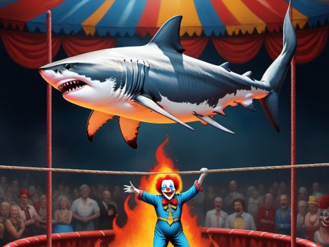 Circus Clown Balancing a Shark Above a Ring of Fire
