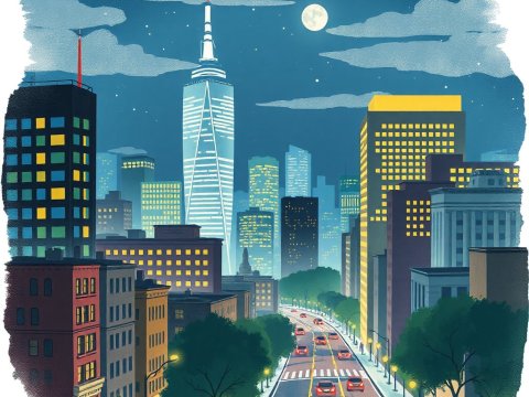 City Nightscape with Illuminated Skyscrapers and Full Moon