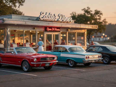 Classic 1960s Diner Scene at Golden Hour