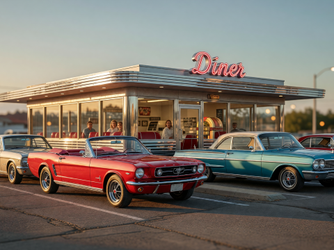 Classic 60s Cars Parked Outside a Retro Diner at Golden Hour