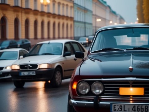 Classic and Modern Cars on a European City Street at Dusk