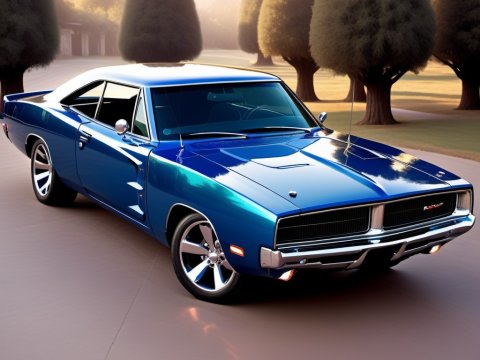 Classic Blue Muscle Car Parked on Tree-Lined Road