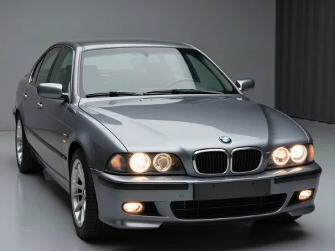Classic BMW E39 Sedan with Headlights On in Studio