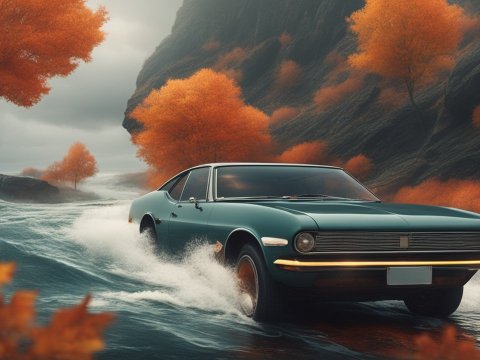 Classic Car Driving Through Autumn Waterscape